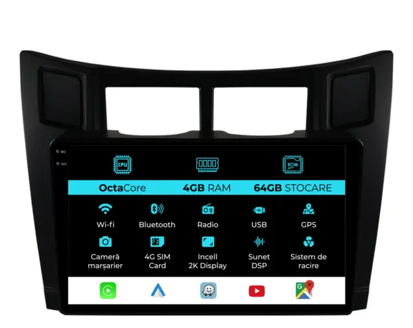 Navigatie Dedicata Toyota Yaris (2005-2011), 2K, 4Gb Ram, 64Gb Stocare, Carplay