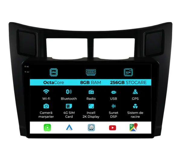 Navigatie Dedicata Toyota Yaris (2005-2011), 2K, 8Gb Ram, 256Gb Stocare, Carplay