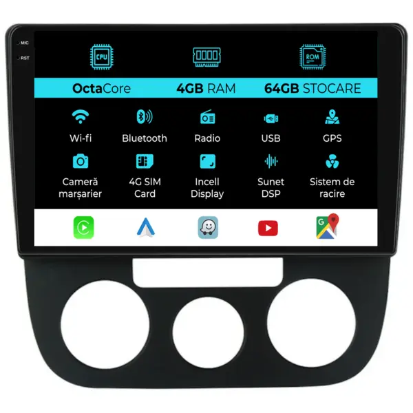 Navigatie Dedicata Volkswagen Golf5 Jetta (2004-2009), 10Inch, 4Gb Ram, 64Gb Stocare, Carplay - Clima Manuala