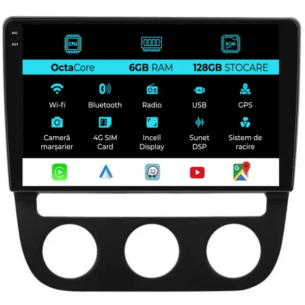 Navigatie Dedicata Volkswagen Golf5 Jetta (2004-2009), 10Inch, 6Gb Ram, 128Gb Stocare, Carplay - Clima Automata