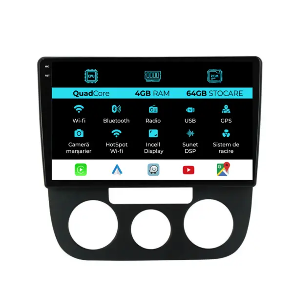Navigatie Dedicata Volkswagen Golf5 Jetta (2004-2009),QuadCore, 10Inch, 4Gb Ram, 64Gb Stocare, Carplay - Clima Manuala