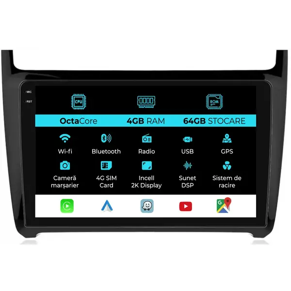 Navigatie Dedicata Volkswagen Polo (2009-2018), 2K, 4Gb Ram, 64Gb Stocare, Carplay