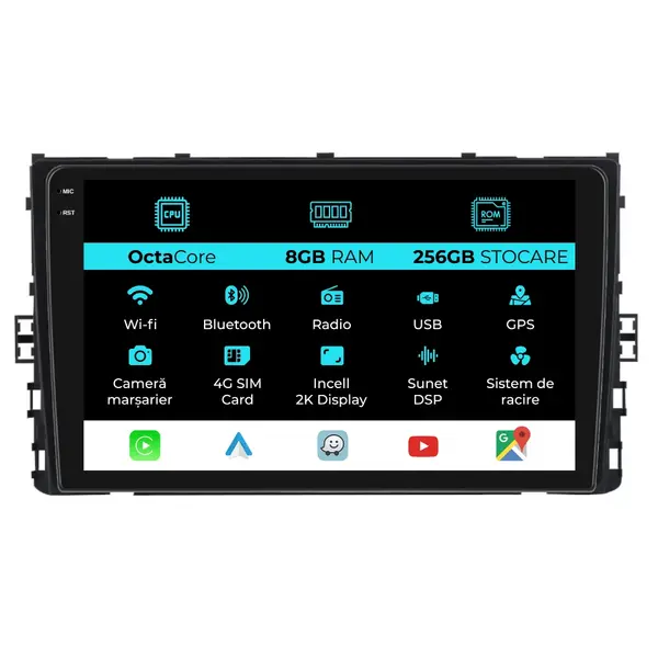 Navigatie Dedicata Volkswagen Polo 2017+, 2K, 8Gb Ram, 256Gb Stocare, Carplay