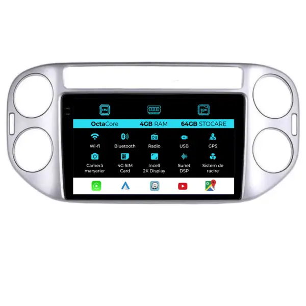 Navigatie Dedicata Volkswagen Tiguan (2007 - 2015), 2K, 4Gb Ram, 64Gb Stocare, Android Auto, Carplay