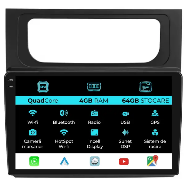 Navigatie Dedicata Volkswagen Touran (2003 - 2014), QuadCore, 10 Inch, 4Gb Ram, 64Gb Stocare, Android Auto, Carplay