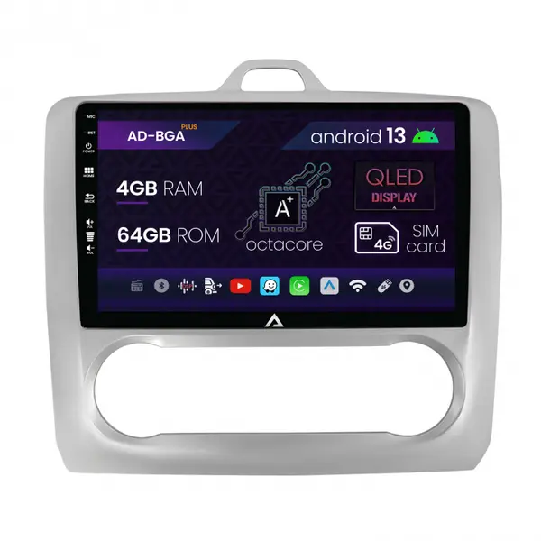 Navigatie Ford Focus MK2 (2004-2011), Clima Automata, Android 13, A-Octacore 4GB RAM + 64GB ROM, 9 Inch - AD-BGA9004+AD-BGRKIT117