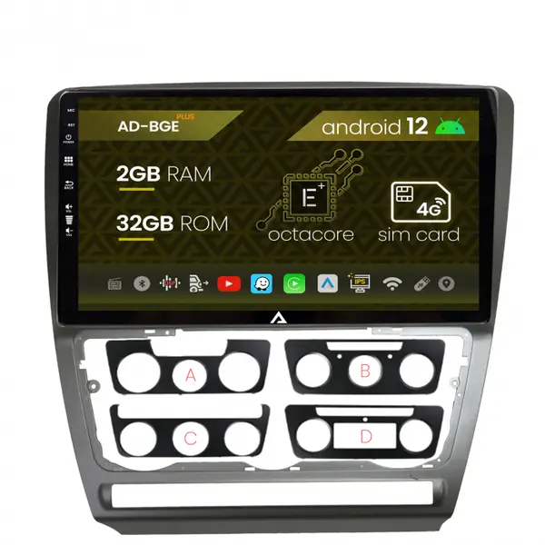 Navigatie Skoda Octavia 2, Android 12, E-Octacore 2GB RAM + 32GB ROM, 10.1 Inch - AD-BGE10002+AD-BGRKIT048