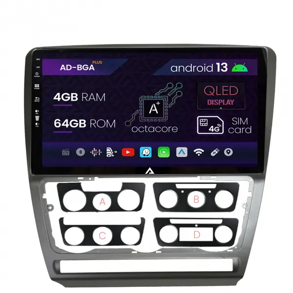 Navigatie Skoda Octavia 2, Android 13, A-Octacore 4GB RAM + 64GB ROM, 10.1 Inch - AD-BGA10004+AD-BGRKIT048