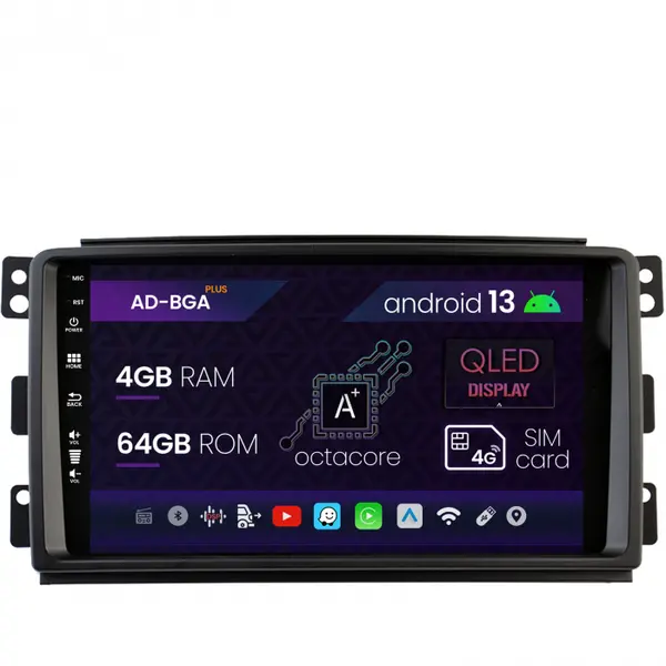 Navigatie Smart For Two (2007-2010), Android 13, A-Octacore 4GB RAM + 64GB ROM, 9 Inch - AD-BGA9004+AD-BGRKIT417