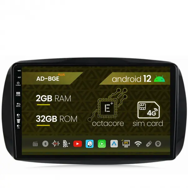 Navigatie Smart For Two (2016-Prezent), Android 12, E-Octacore 2GB RAM + 32GB ROM, 9 Inch - AD-BGE9002+AD-BGRKIT412