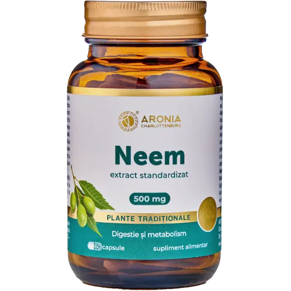 Neem 500 mg — 60 capsule cu extract concentrat din fructe de Neem pentru susținerea digestiei, imunității și sănătății pielii | Plante Tradiționale