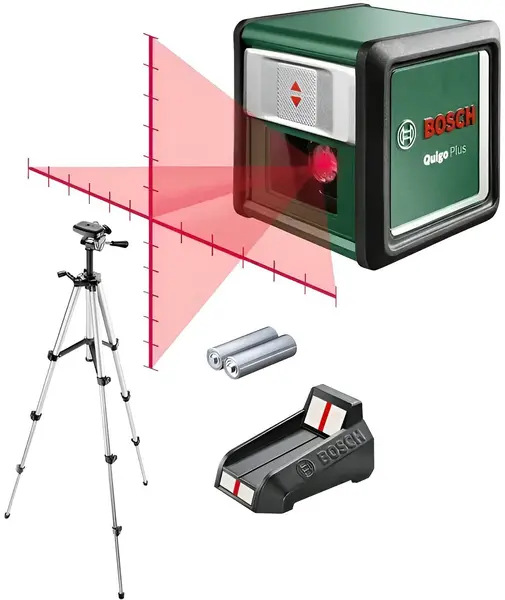 Nivelă laser cu linii Bosch - Quigo Plus, 5-7 m, cu 2 baterii, trepied și țintă