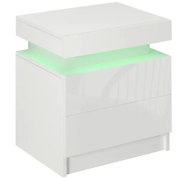 Noptiera alba HOMCOM cu lumina LED RGB, noptiera frontala lucioasa cu 2 sertare, pentru camera de zi, dormitor | Aosom RO