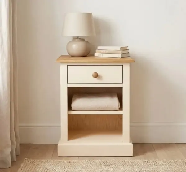 Noptiera cu 1 sertar si rafturi deschise, blat stejar cu finisaj Beige/Natural Brown