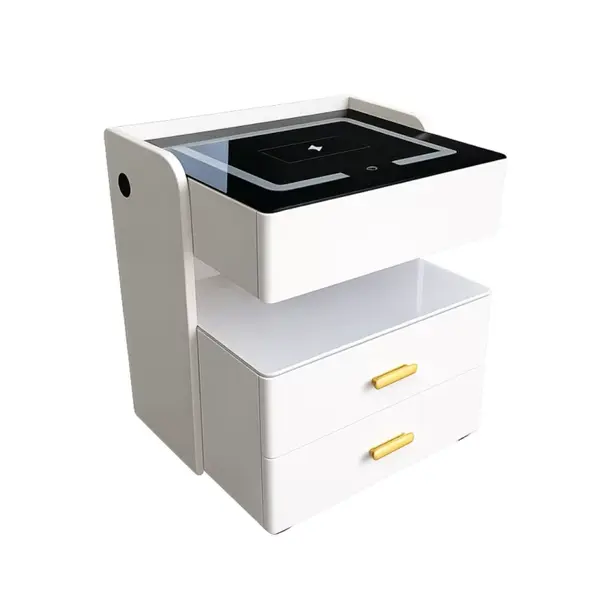 Noptieră inteligentă cu &icirc;ncărcare wireless 15W, iluminare LED cu 3 culori, seif integrat și lumină de noapte cu senzor-culoare alb