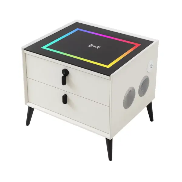 Noptiera inteligenta cu &icirc;ncărcare wireless și iluminare LED &ndash;culoare alb, 2 Sertare de depozitare, design modern-sticlă securizata