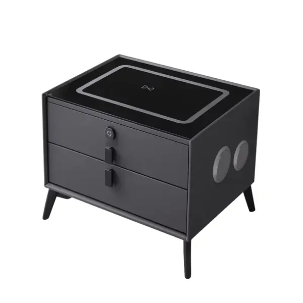 Noptiera inteligenta cu &icirc;ncărcare wireless și iluminare LED &ndash;culoare gri antracit, 2 Sertare de depozitare, design modern-sticlă securizata