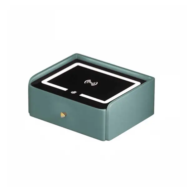 Noptiera inteligenta cu incarcare wireless, iluminare LED, 1 sertar de depozitare &ndash; verde, design modern din sticla si lemn
