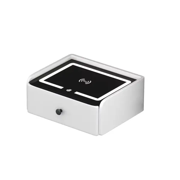 Noptiera inteligenta cu incarcare wireless, iluminare LED, 1 sertar de depozitare, port USB si port Type-C, difuzor Bluetooth de 10W &ndash; alba, design modern din sticla si lemn