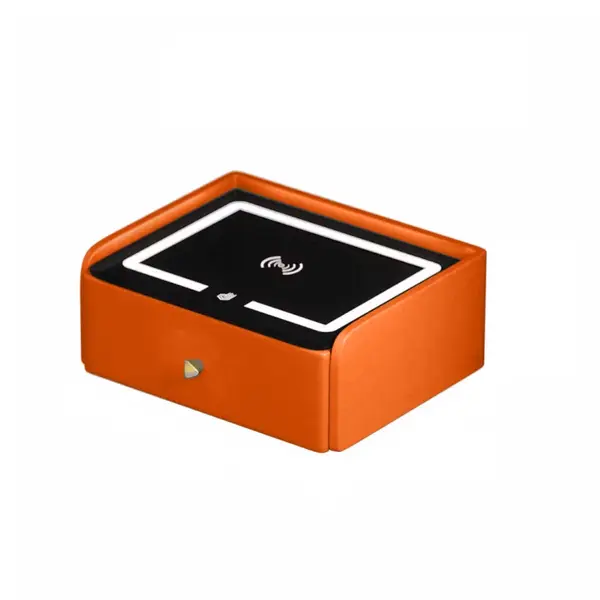 Noptiera inteligenta cu incarcare wireless, iluminare LED, 1 sertar de depozitare &ndash; portocalie, design modern din sticla si lemn