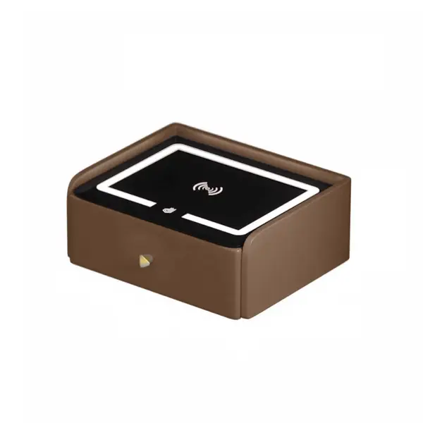 Noptiera inteligenta cu incarcare wireless, iluminare LED, 1 sertar de depozitare &ndash; maro, design modern din sticla si lemn
