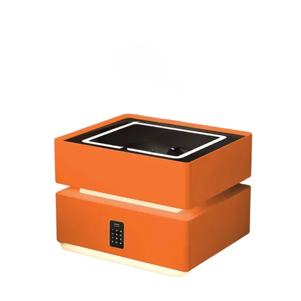 Noptiera inteligenta cu incarcare wireless, iluminare LED, 2 sertare de depozitare, senzor de lumina nocturna si incuietoare codificata &ndash; portocalie, design modern din sticla si lemn