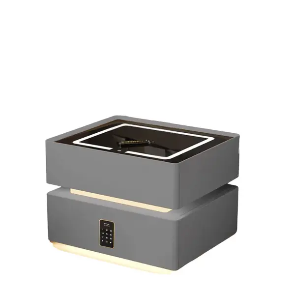 Noptiera inteligenta cu incarcare wireless, iluminare LED, 2 sertare de depozitare, senzor de lumina nocturna si incuietoare codificata &ndash; gri antracit, design modern din sticla si lemn