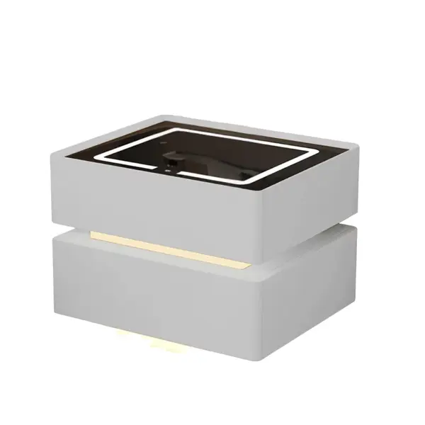 Noptiera inteligenta cu incarcare wireless, iluminare LED, 2 sertare de depozitare &ndash; alba, design modern din sticla si lemn