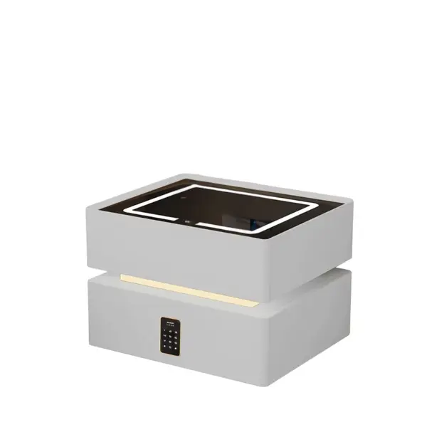 Noptiera inteligenta cu incarcare wireless, iluminare LED, 2 sertare de depozitare, senzor de lumina nocturna si incuietoare codificata &ndash; alba, design modern din sticla si lemn