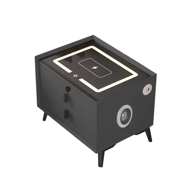 Noptiera inteligenta cu incarcare wireless, iluminare LED, difuzor Bluetooth, port USB si Type-C &ndash; culoare gri antracit, 2 sertare, design modern din sticla si lemn