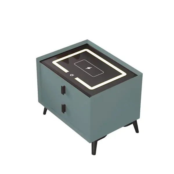 Noptiera inteligenta cu incarcare wireless si iluminare LED &ndash; culoare verde, 2 sertare, design modern din sticla si lemn