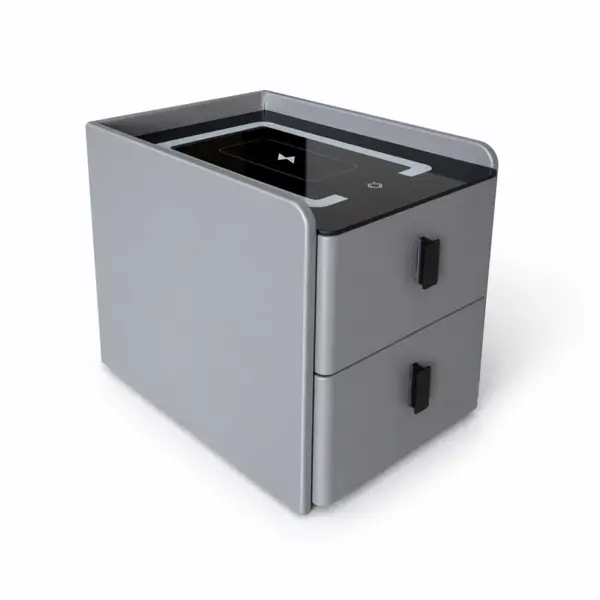 Noptiera inteligenta slim cu &icirc;ncarcare wireless, iluminare LED și 2 sertare &ndash; culoare gri antracit, design modern din sticla și lemn