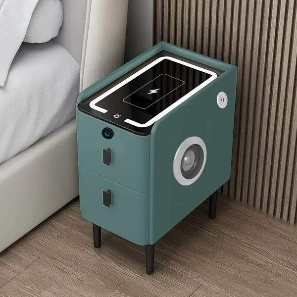 Noptiera inteligenta slim cu incarcare wireless, iluminare LED, difuzor Bluetooth, port USB & Type-C si sistem cu amprenta &ndash; culoare verde, 2 sertare, design modern din sticla si lemn