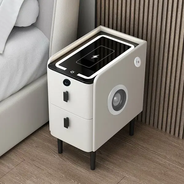Noptiera inteligenta slim cu incarcare wireless, iluminare LED, difuzor Bluetooth, port USB & Type-C si sistem cu amprenta &ndash; culoare alb, 2 sertare, design modern din sticla si lemn