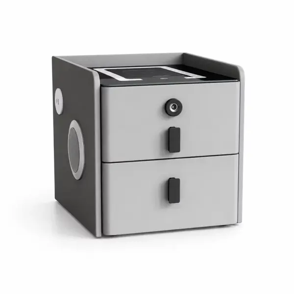 Noptiera inteligenta slim cu incarcare wireless, iluminare LED, difuzor Bluetooth, port USB & Type-C si sistem cu amprenta &ndash; culoare gri antracit, 2 sertare, design modern din sticla si lemn
