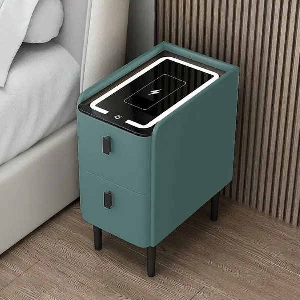 Noptiera inteligenta slim cu incarcare wireless, iluminare LED si 2 sertare &ndash; culoare verde, design modern din sticla si lemn