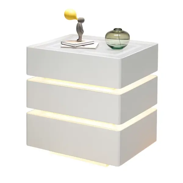 Noptieră modernă cu &icirc;ncărcare wireless 15W, iluminare LED &icirc;n 3 culori și 3 sertare de depozitare &ndash; WHITE