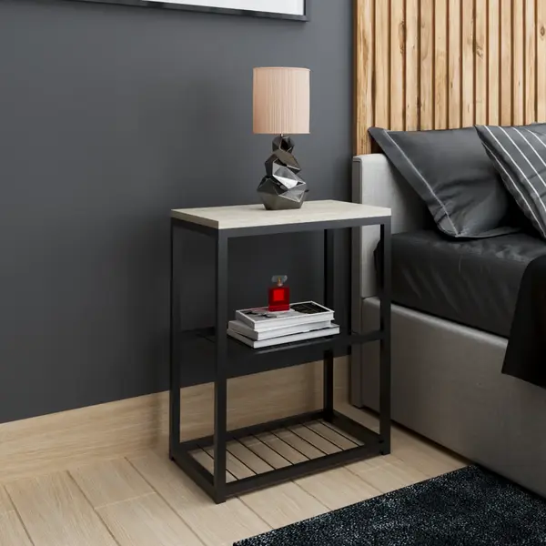 Noptiera moderna cu rafturi, cadru metalic negru si blat alb, pentru dormitor sau living 44 × 29 × 63 cm
