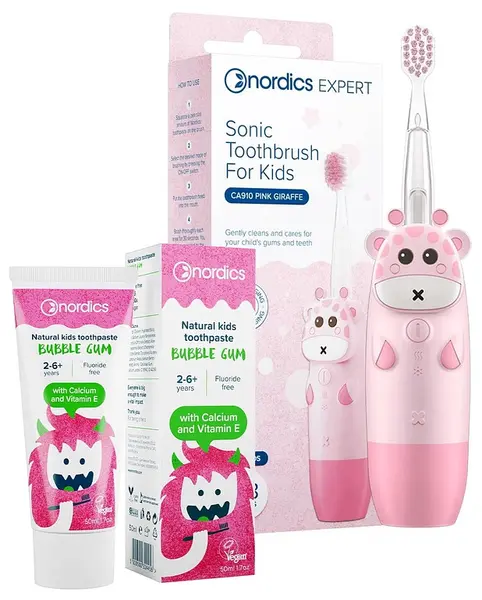Nordics Set - Periuță de dinți electrică sonică pentru copii Girafă, roz + pastă de dinți pentru copii, 50 ml