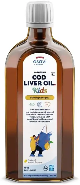 Norwegian Cod Liver Oil Kids, 500 mg, lămâie, 250 ml, Osavi