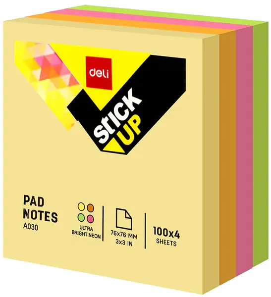 Note lipicioase Deli - 76 x 76 mm, 4 x 100 foi, neon