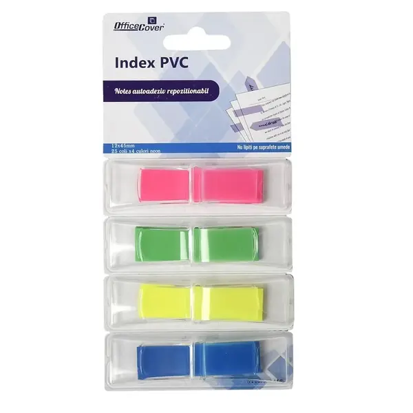 Notes adeziv index Office Cover SN5412, 12 x 45 mm, PVC, 100 coli, 4 culori neon, PopUp