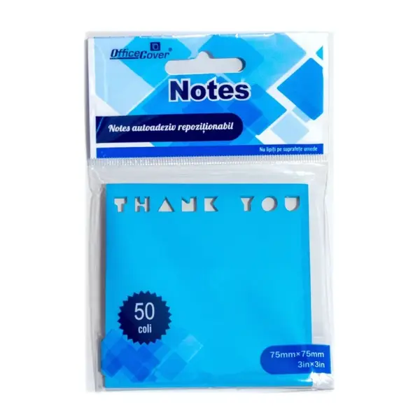 Notes adeziv stantat Office Cover H1 Thank You, 50 coli, 75 x 75 mm, albastru neon