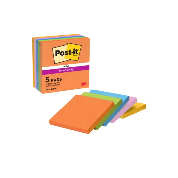 Notite adezive Post-it ® Super Sticky NeoN asortate 76 mm x 76 mm 90 file 5 bucati/pachet Notite adezive 3M Post-It Super Sticky neon asortate