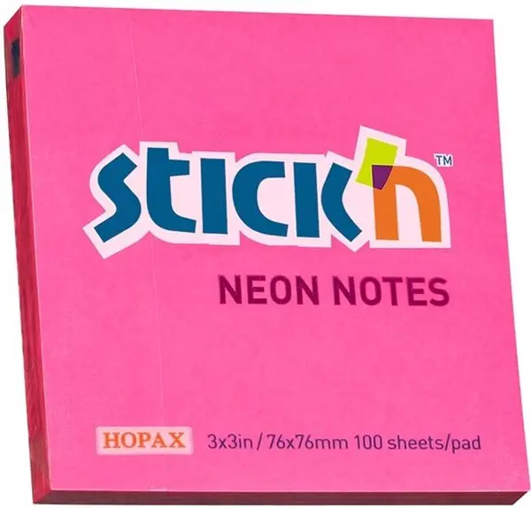 Notite adezive Stick'n - 76 x 76 mm, rosu neon, 100 file