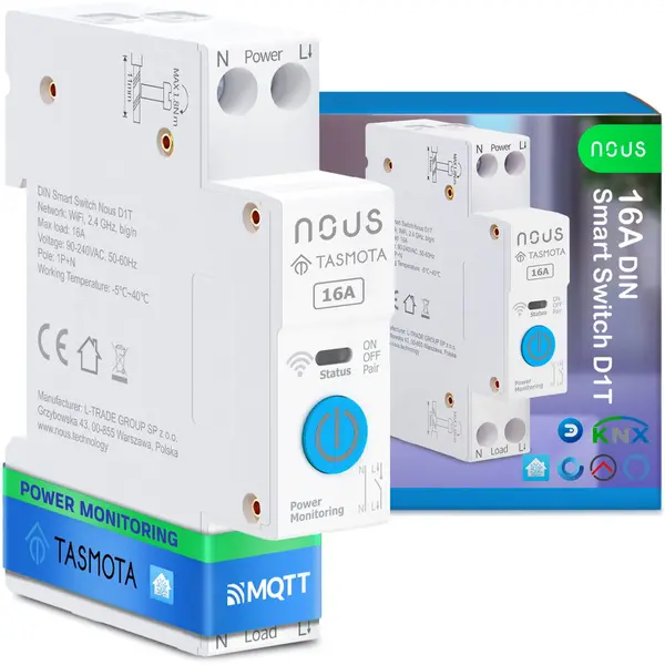 Nous Siguranta inteligenta Nous D1T, 16A, Tasmota, 1 canal, Monitorizare energie, montare pe sina DIN, ESP32