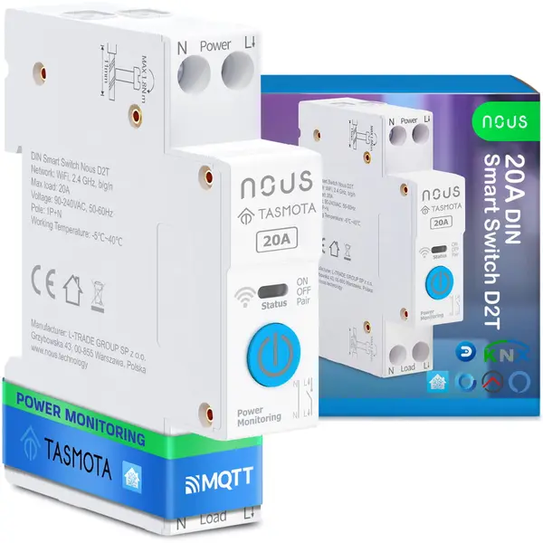 Nous Siguranta inteligenta Nous D2T, 20A, Tasmota, 1 canal, Monitorizare energie, montare pe sina DIN, ESP32