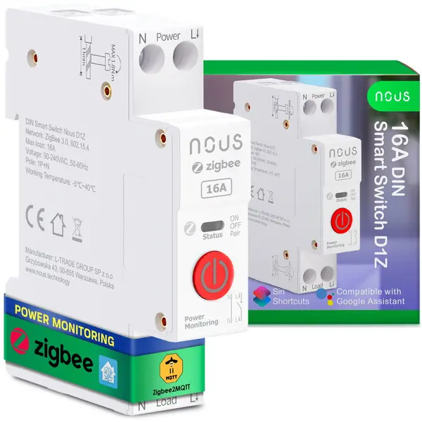 Nous Siguranta inteligenta Nous D2Z, 20A, ZigBee, 1 canal, Monitorizare energie, montare pe sina DIN
