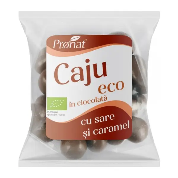 Nuci Caju Bio Glazurate in Ciocolata cu Lapte cu Aroma de Caramel Sarat, 50 g