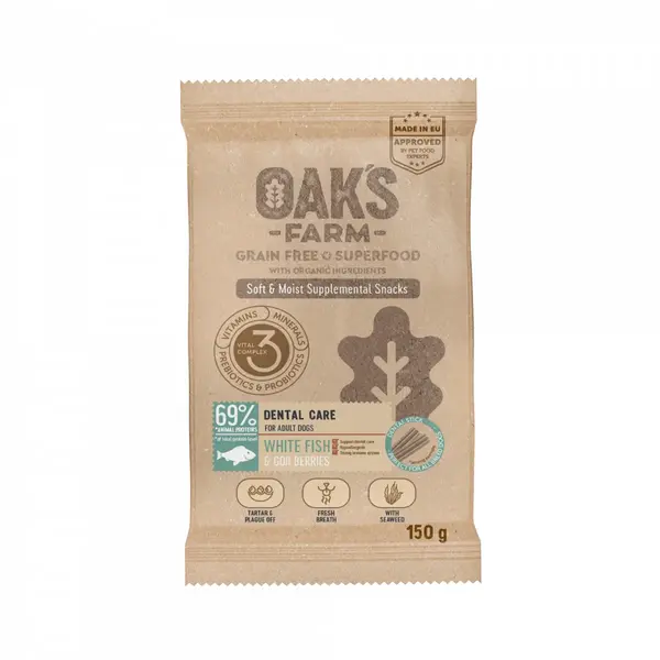 OAK'S FARM Dental Care, Pește alb, punguță recompense funcționale fără cereale câini, sensibilități dentare, 150g